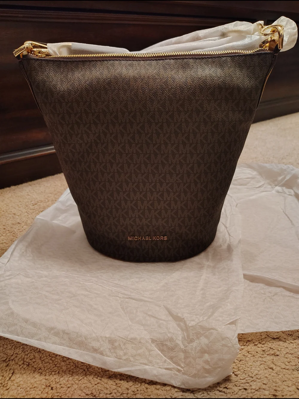 Michael Kors Brown Signature Bucket Bag with Gold Hardware